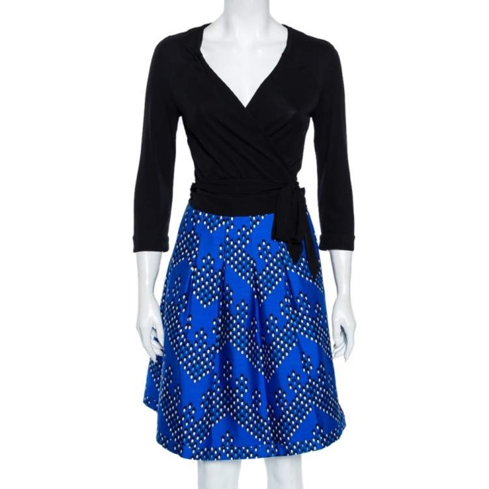 DVF Jewel Silk Combo Wrap Dress in black/ blue chevron